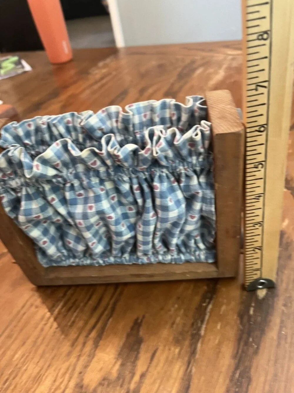 Vintage Wooden Napkin Holder With Heart Cutouts & Blue Gingham Fabric Cottagecor